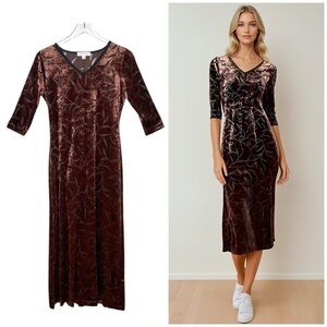 VINTAGE Brown Velvet Burnout 90s V Women’s Witchy Whimsigoth Midi Dress Sz S